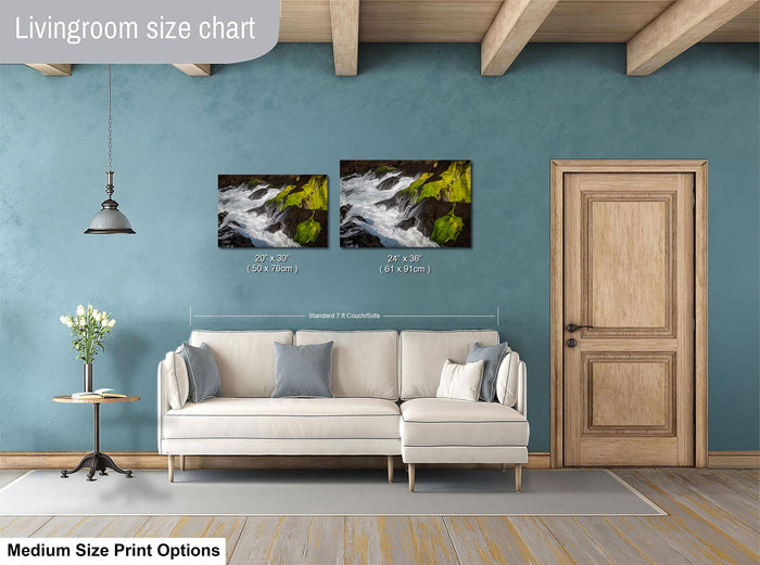 a living room with a white sofa, a wooden door, and a painting of a waterfall on the wall. The living room appears to be designed for relaxation and comfort, with a focus on the artwork and the overall aesthetic.