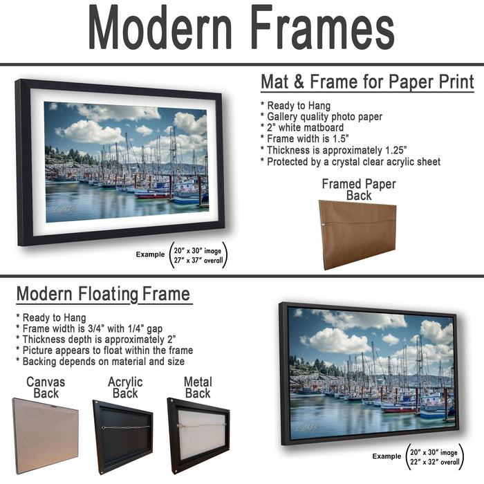 The image is a collage of two framed pictures, one of a marina with boats and the other of a white matboard. The collage features a variety of frame options, including a mat and frame for paper print, a modern floating frame, and a framed paper back. The image also includes examples of different frame sizes and backings, such as a 20x30" matboard and a 22x32" matboard.
