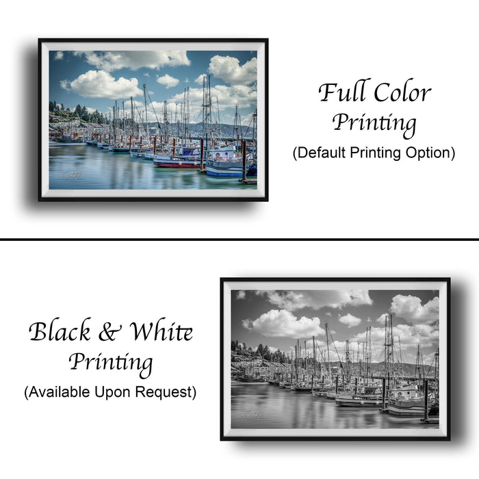 The image is a collage of two framed pictures. The top picture is a full color print of a marina with numerous boats docked, while the bottom picture is a black and white print of the same marina. Both pictures are framed and available upon request.