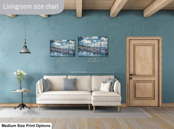 a living room with a white sofa, a wooden door, and a painting of a harbor scene on the wall. The living room appears to be well-lit and decorated with a potted plant and a vase.