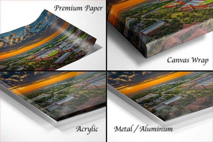 four different views of a sunset over a city, each presented in a different format: a printed paper, a canvas wrap, an acrylic print, and a metal/aluminum print.