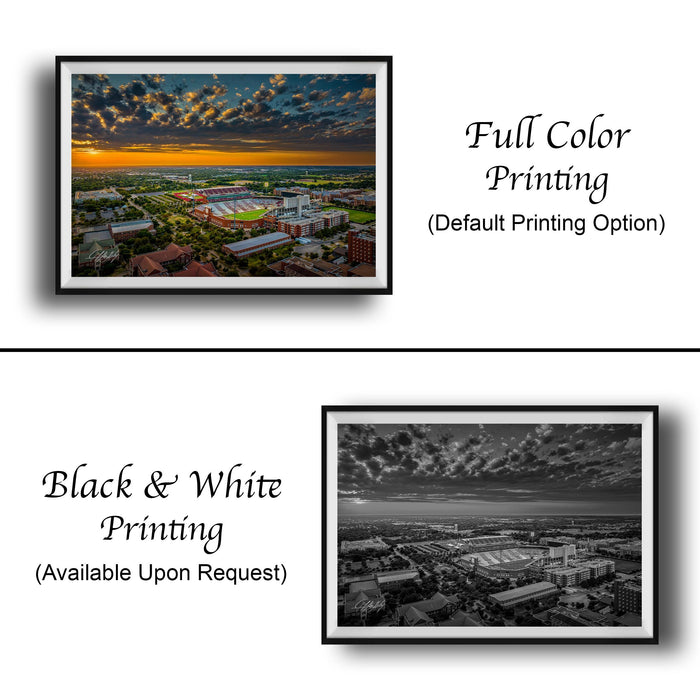 The image is a collage of two framed photographs. The top photograph is a full-color print of a cityscape at sunset, while the bottom photograph is a black and white print of the same cityscape. Both photographs are framed and available upon request.