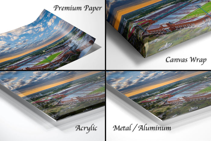 four different views of a printed photograph, including a top-down view, a side view, a front view, and a bottom-up view. The photograph is printed on a variety of materials, such as paper, canvas wrap, acrylic, and metal/aluminum.