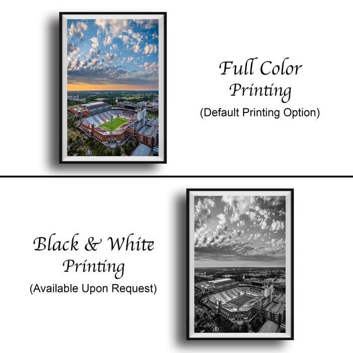 The image is a collage of two framed pictures. The top picture is a full color print of a stadium, while the bottom picture is a black and white print of the same stadium. Both pictures are framed and available upon request.
