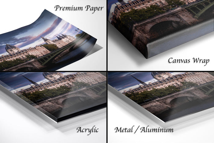 The image is a collage of four photos depicting a bridge and a castle, with each photo labeled as either "Premium Paper", "Canvas Wrap", "Acrylic", or "Metal/Aluminum".