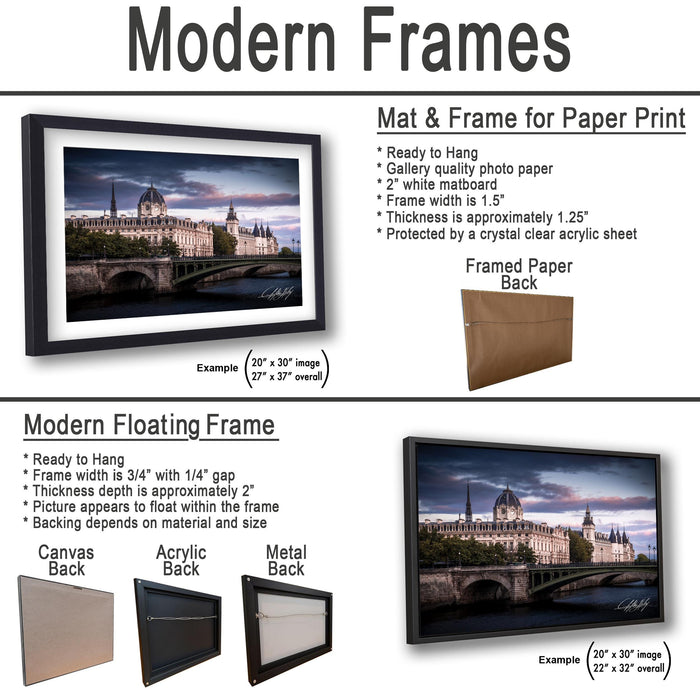 The image is a collage of two framed pictures, one of a castle and the other of a bridge, both featuring a castle and a bridge. The collage is presented in two different frame types: a modern floating frame and a modern hanging frame.
