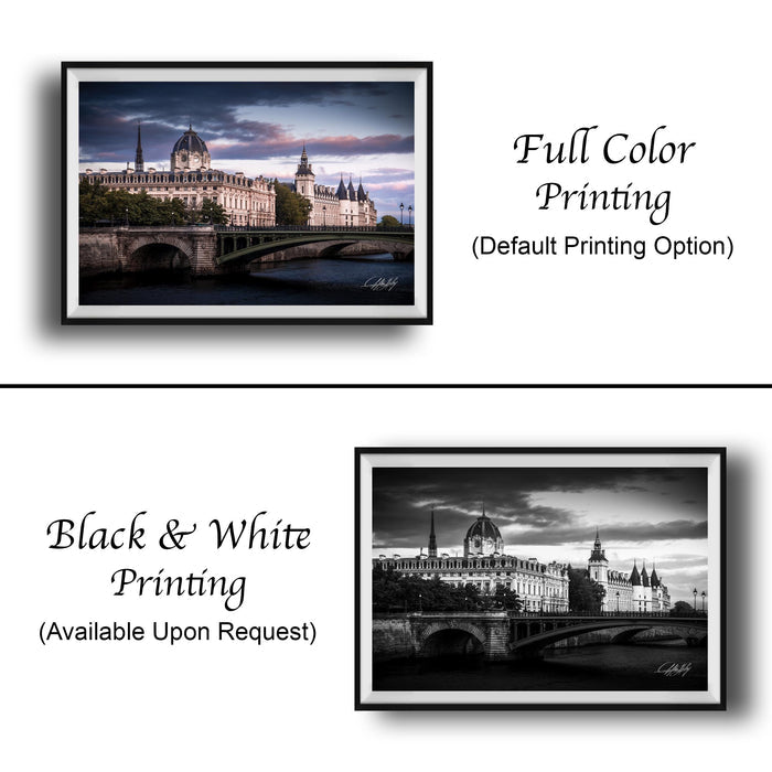 The image is a collage of two framed pictures, one in black and white and the other in full color. The black and white picture depicts a cityscape with a bridge, while the full color picture shows the same cityscape with a more vibrant and detailed appearance. Both pictures are labeled as "Full Color Printing" and "Black & White Printing" and are available upon request.