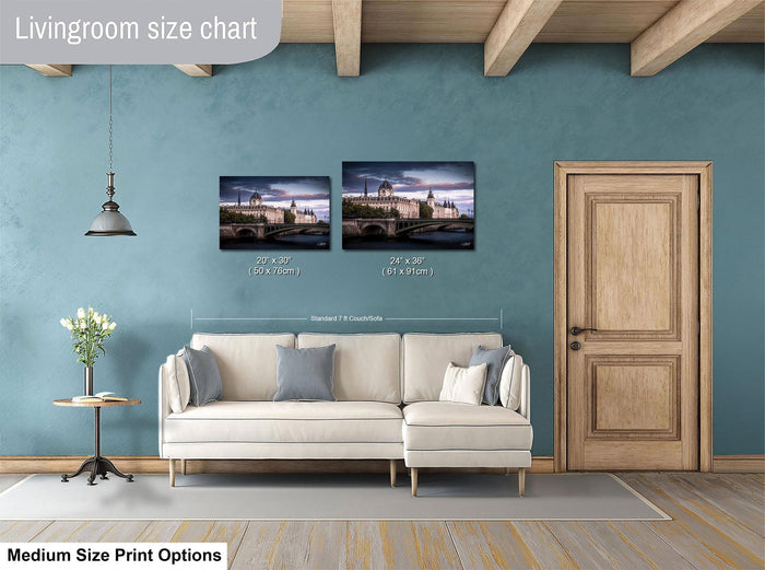 a living room with a white sofa, a wooden door, and a painting of a castle on the wall. The painting is of medium size, and the sofa is of standard size. The living room has a blue wall and a wooden floor.