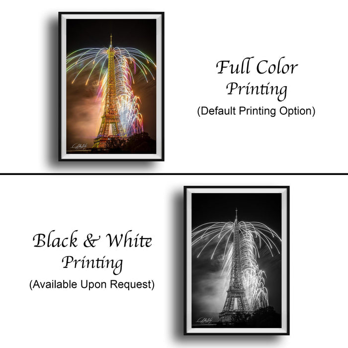The image is a collage of two framed pictures. The top picture is a full color print of the Eiffel Tower, while the bottom picture is a black and white print of the same tower. Both pictures feature the Eiffel Tower with colorful lights, creating a visually striking effect.