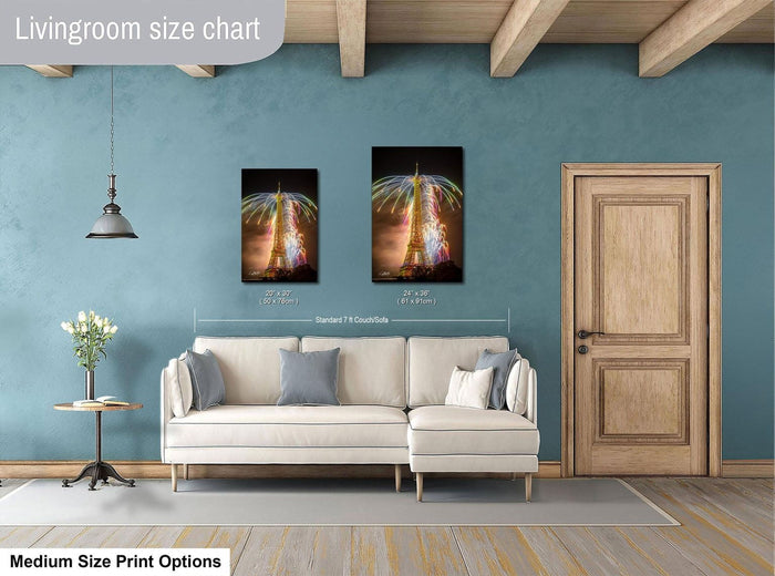a living room with a white sofa, a wooden door, and a framed picture of the Eiffel Tower. The living room has a blue wall and a wooden ceiling.