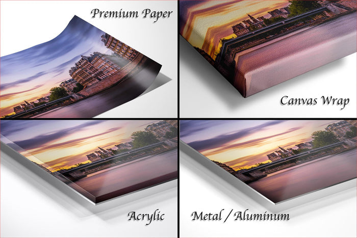 The image is a collage of four different views of a sunset over a cityscape, with each view presented in a different medium: acrylic, metal, and canvas wrap.