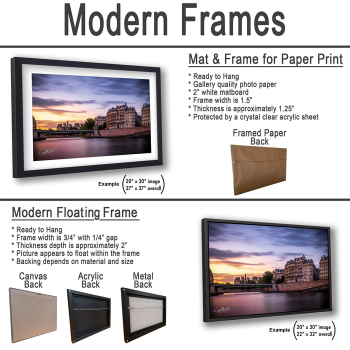 The image is a product advertisement for modern frames, showcasing different frame options for paper print, mat, and floating frame backings.