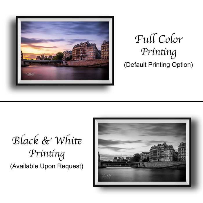 The image is a collage of two framed photographs. The top photograph is a full color print of a cityscape at sunset, while the bottom photograph is a black and white print of the same cityscape. Both photographs are framed and available upon request.