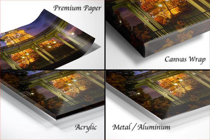 The image is a collage of four photos depicting different types of paper used for printing, including premium paper, canvas wrap, acrylic, and metal/aluminum.