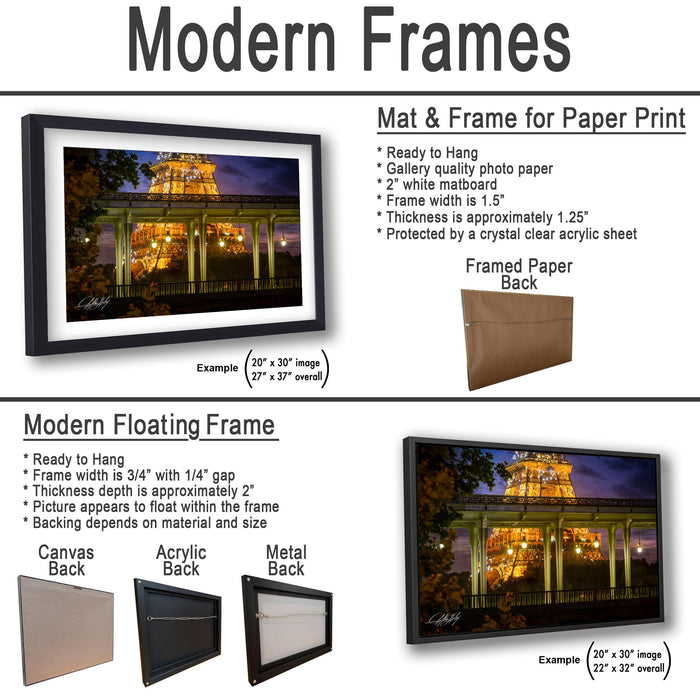 The image is a collage of two framed pictures, one of a building at night and the other of a building at sunset. The collage features a variety of frame options, including a mat and frame for paper print, a modern floating frame, and a framed paper back. The images are described in detail, providing examples of the different frame options and their respective sizes.