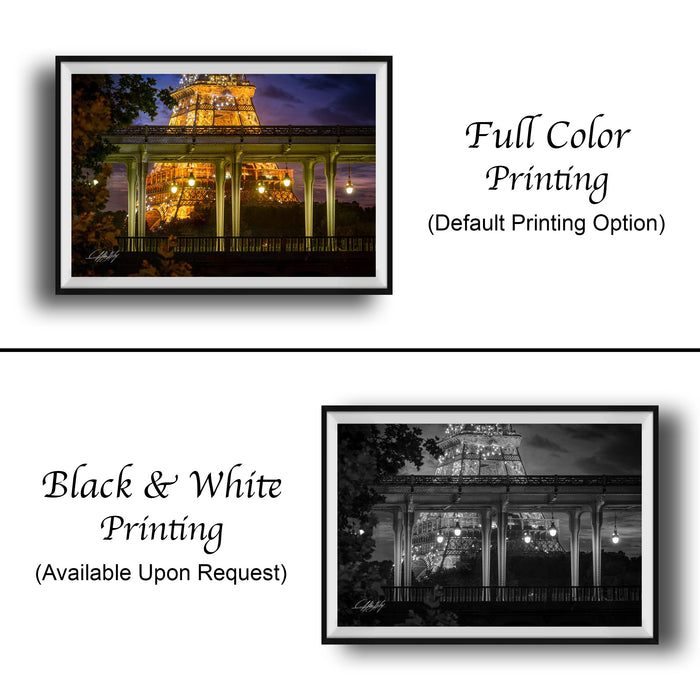 The image is a collage of two framed photographs. The top photograph is a full-color print of the Eiffel Tower at night, while the bottom photograph is a black and white print of the same scene. Both prints are framed and available upon request.