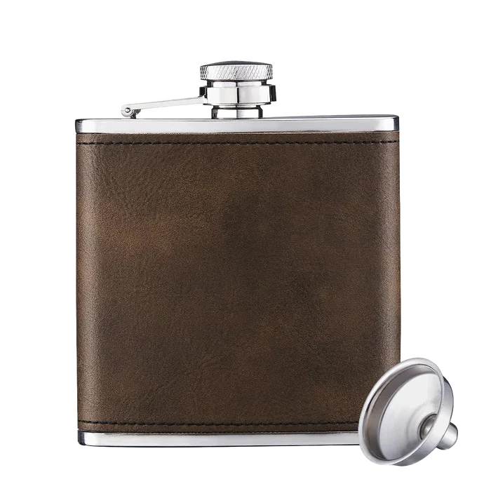 Personalized leather flask with gold-effect engraving and stainless steel body