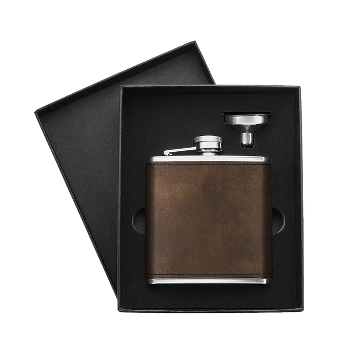 Custom engraved leather-wrapped 6 oz hip flask for groomsmen gifts