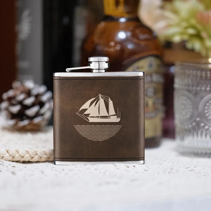 Vegan leather wrapped stainless steel hip flask, 6 oz capacity