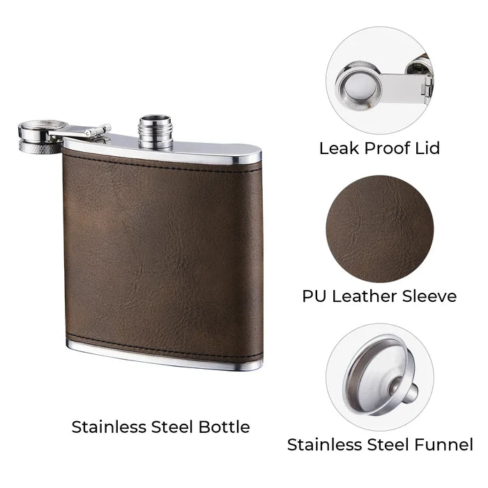 Personalized leather hip flask with laser-engraved monogram