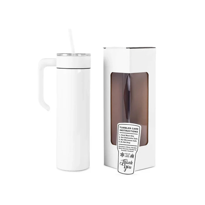White personalized 20 oz skinny tumbler with custom logo or text