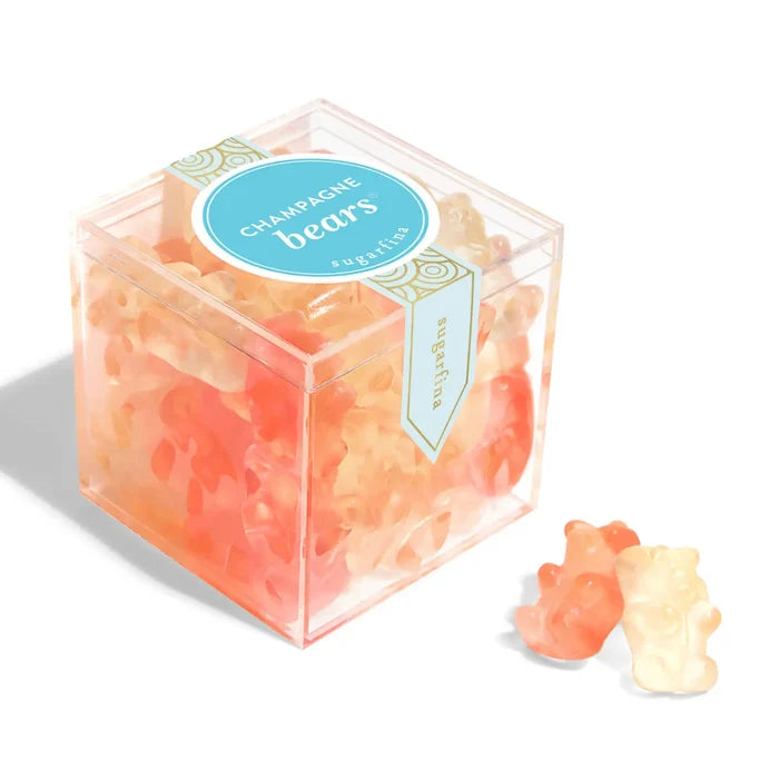 Sugarfina Champagne Bears small candy box with gold-accented gummy bears inside