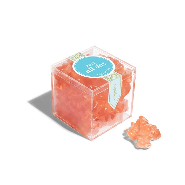 Sugarfina Rosé All Day gummy bear candy in a small pink-accented gift box