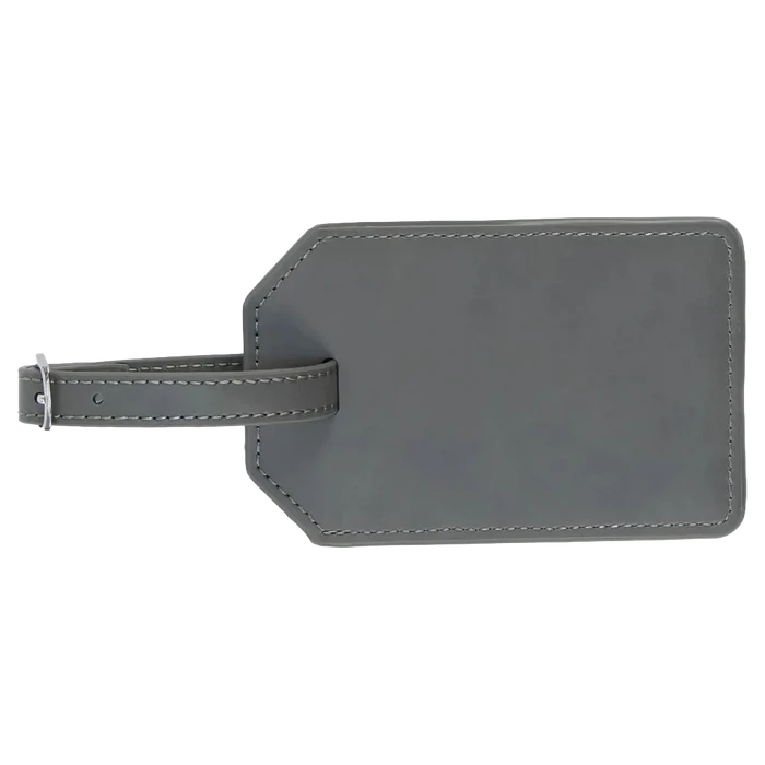 Personalized grey vegan leather luggage tag with engraved monogram and buckle strap