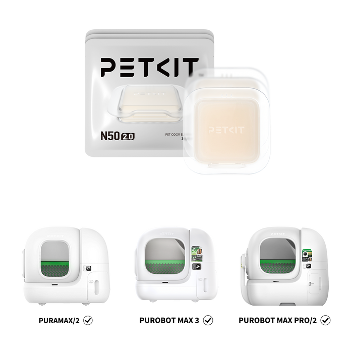 Pet Odor Eliminator N50 2.0 displayed with compatible PETKIT automatic litter boxes including PuraMax, PuraMax 2, Purobot Max Pro and Purobot Max Pro 2 Automatic Litter Box, Purobot Max 3, designed for waste bin odor control