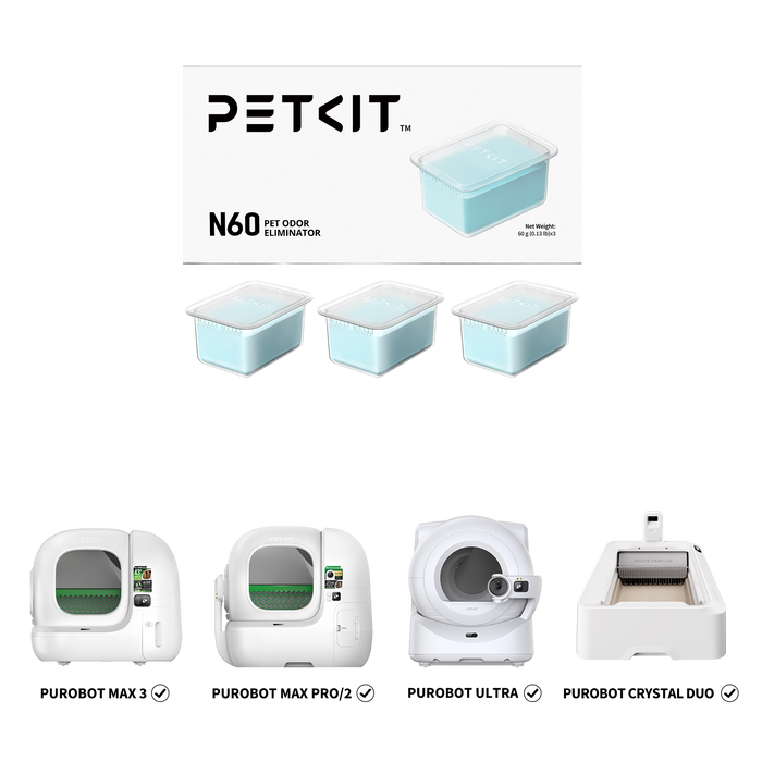 Pet Odor Eliminator N60 displayed with compatible PETKIT automatic litter boxes including Purobot Ultra, Purobot Max Pro, Purobot Max Pro 2, Purobot Max 3, and Purobot Crystal Duo Automatic Litter Box for waste bin odor control