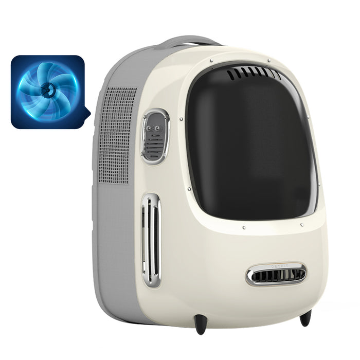 Breezy 2 Cat Carrier in cream white featuring a ventilated dome design with built-in fan and lighting system for breathable and comfortable pet travel