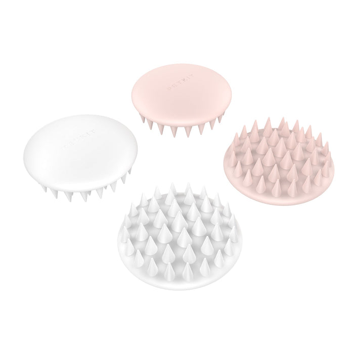 Pet Massage Comb shown in white and pink silicone color options, four units displayed for cats and small dogs
