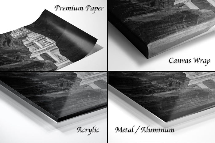 The image is a collage of four different views of a black and white photograph of a building, with each view labeled as "Premium Paper", "Canvas Wrap", "Acrylic", and "Metal/Aluminum".