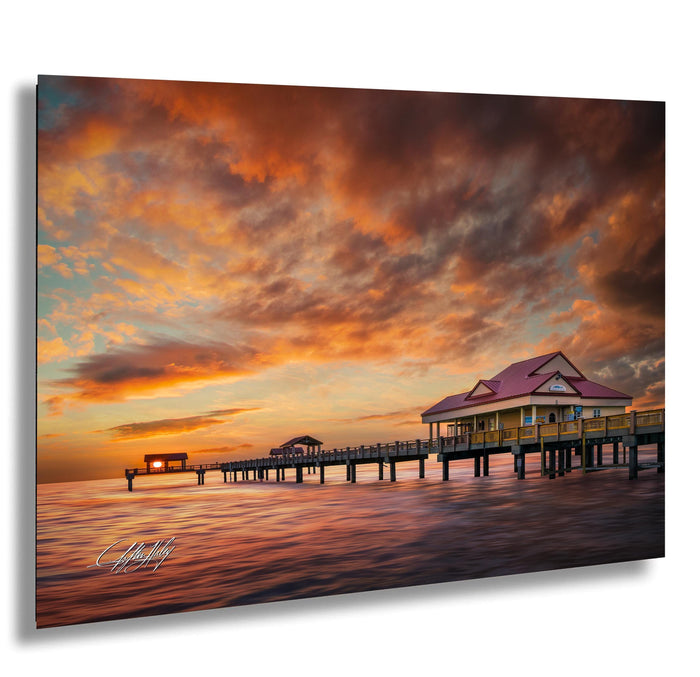 Clearwater Beach aerial photo, Florida pier wall art, sunset over Gulf of Mexico, Tampa Bay drone print, coastal home decor photography, aerial view Clearwater Pier, Florida sunset wall hanging, Gulf Coast pier artwork, Clearwater sunset photograph, drone photo of Pier 60 at dusk, ocean landscape fine art print, Florida seascape wall decor