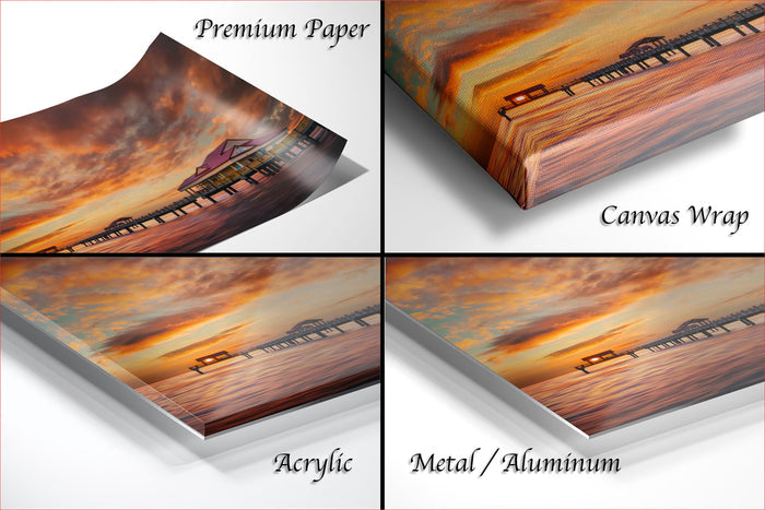 The image is a collage of four different views of a sunset over a pier, with each view presented in a different medium: premium paper, canvas wrap, acrylic, and metal/aluminum.