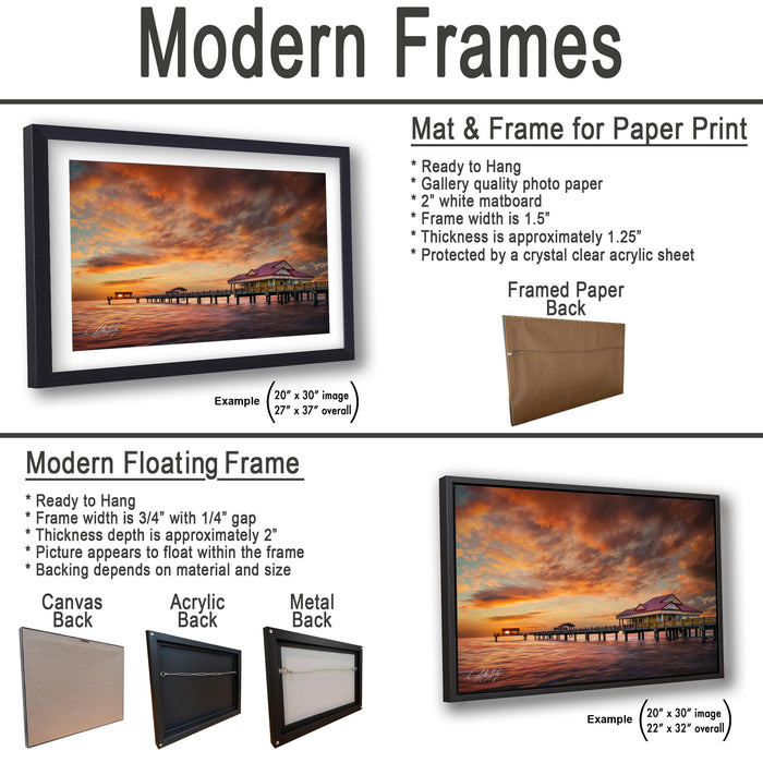 The image is a collage of two framed artworks, one of which is a mat and frame for a paper print, and the other is a modern floating frame.