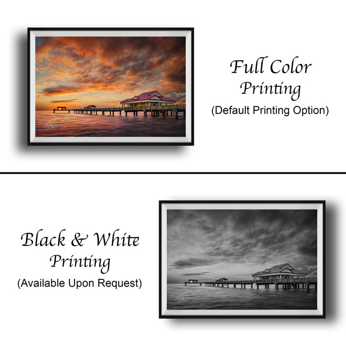 The image is a collage of two framed pictures. The top picture is a full-color print of a sunset over a body of water, while the bottom picture is a black and white print of a pier. Both pictures are framed and available upon request.
