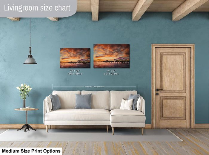 Clearwater Beach aerial photo, Florida pier wall art, sunset over Gulf of Mexico, Tampa Bay drone print, coastal home decor photography, aerial view Clearwater Pier, Florida sunset wall hanging, Gulf Coast pier artwork, Clearwater sunset photograph, drone photo of Pier 60 at dusk, ocean landscape fine art print, Florida seascape wall decor