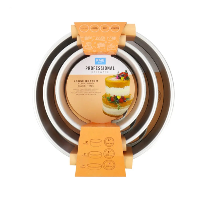 PME Loose Bottom Round Cake Pans 6, 8, 10 x 3In Height, Set of 3