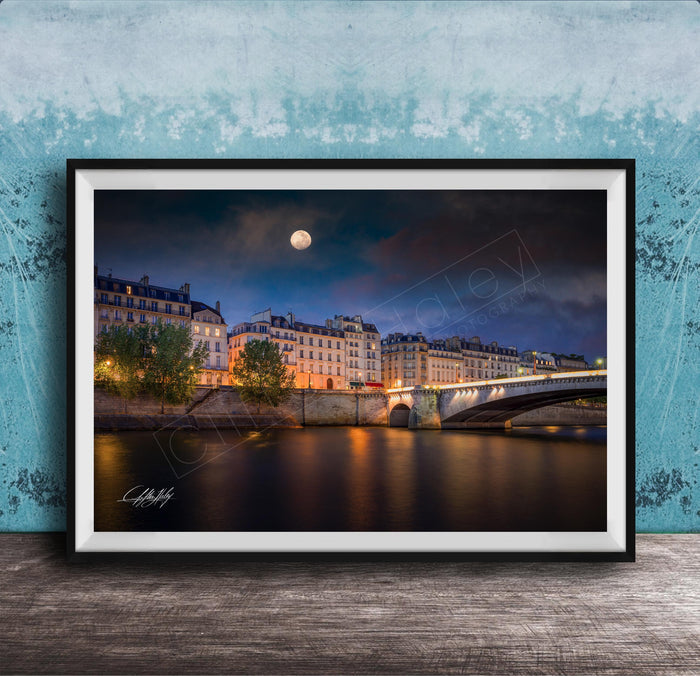 a picturesque night scene of a city with a bridge and buildings illuminated by lights, with a full moon visible in the sky.