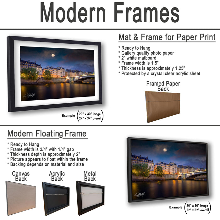 The image is a collage of two framed pictures, one of a cityscape at night and the other of a city skyline. The collage features a variety of frame options, including a mat and frame for paper print, a modern floating frame, and a framed paper back. The images are described in detail, providing examples of the different frame sizes and materials.