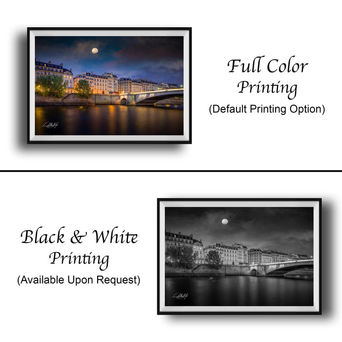 The image is a collage of two framed pictures. The top picture is a full color print of a cityscape at night, featuring a bridge and a full moon. The bottom picture is a black and white print of the same cityscape, with the same bridge and full moon visible. Both pictures are framed and available upon request.