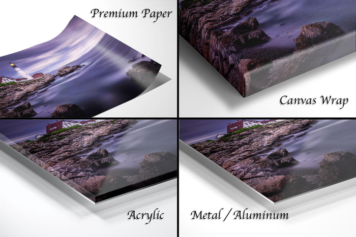 The image is a collage of four different images, each depicting a landscape with a lighthouse. The images are labeled as "Premium Paper", "Canvas Wrap", "Acrylic", and "Metal/Aluminum".