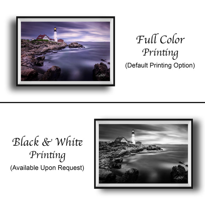 The image is a collage of two framed pictures. The top picture is a black and white photograph of a lighthouse on a rocky shore, while the bottom picture is a full color photograph of the same lighthouse. The text below the images indicates that the full color printing is available upon request.