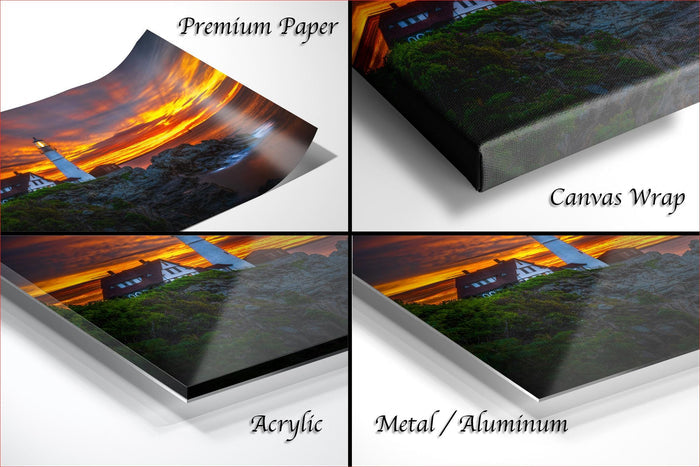 The image is a collage of four different images, each depicting a sunset over a lighthouse. The images are labeled as "Premium Paper", "Canvas Wrap", "Acrylic", and "Metal/Aluminum".