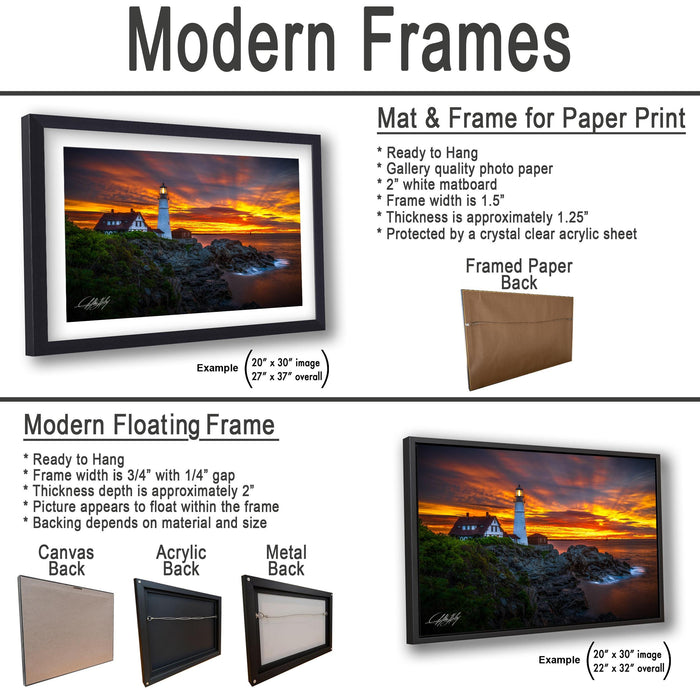 The image is a collage of two framed pictures, one of a lighthouse and the other of a sunset over the ocean. The framed pictures are displayed in various sizes and frames, including a mat and frame for paper print, a modern floating frame, and a mat and frame for paper print.