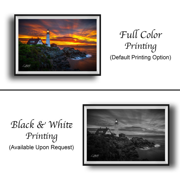 The image is a collage of two framed pictures. The top picture is a full color print of a lighthouse at sunset, while the bottom picture is a black and white print of the same lighthouse. Both pictures are framed and available upon request.