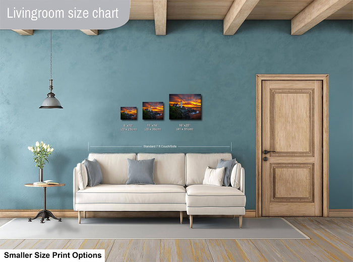 a living room with a white sofa, a wooden door, and a painting on the wall. The painting is a size chart for artwork, indicating the dimensions of the paintings in relation to the sofa.