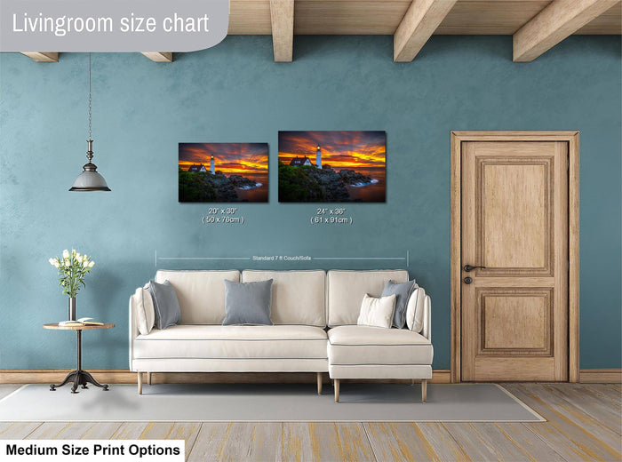 a living room with a white sofa and a wooden door. Above the sofa, there is a livingroom size chart that provides dimensions for two framed landscape photographs. The chart indicates that the photographs are 24 inches by 36 inches in size.