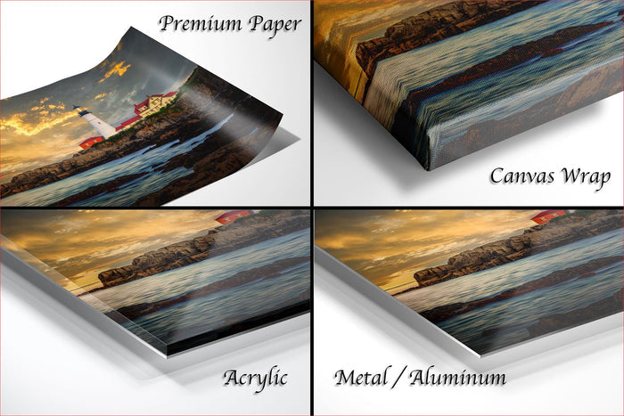 The image is a collage of four different images, each depicting a sunset over a body of water. The images are labeled as "Premium Paper", "Canvas Wrap", "Acrylic", and "Metal/Aluminum".